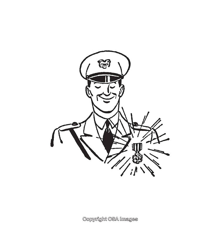 Black and White Illustration of a Military Officer With a Medal