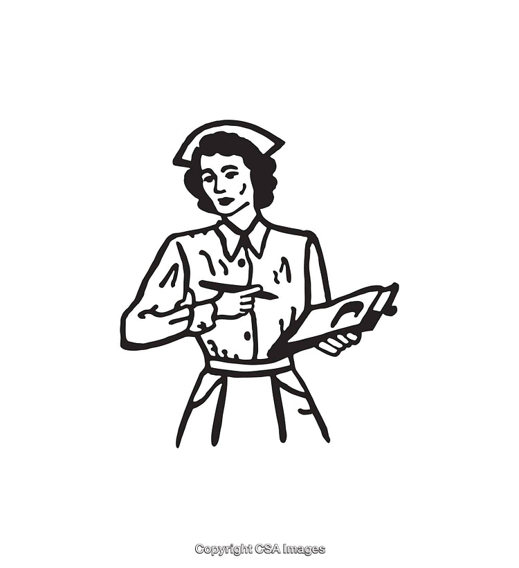 Vintage Illustration of a Nurse Pointing to Notes in Black and White