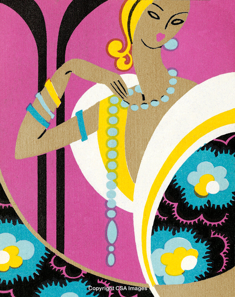 Art Deco Illustration of a Stylish Woman With Jewelry and Vibrant Colors