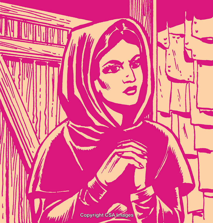 Sketch Style Woman With Headscarf in Rustic Background