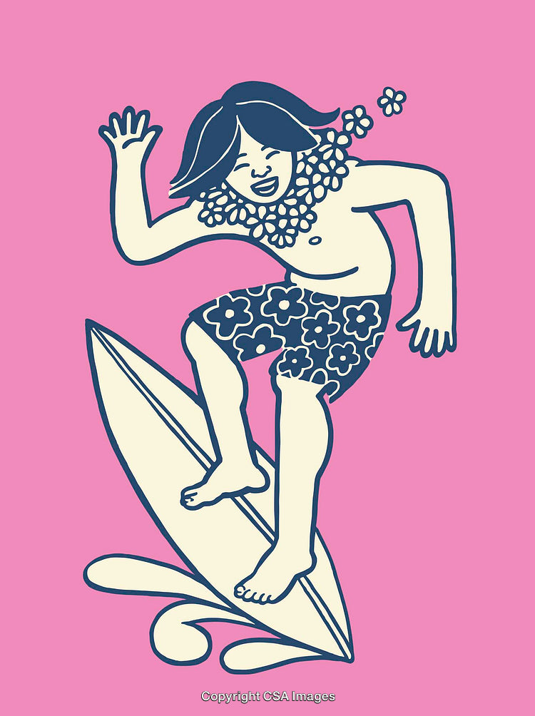Vibrant Line Art Illustration of Surfer With Tropical Decor