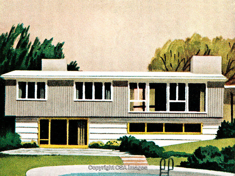 Mid-Century Modern House Illustration With Pool and Garden Scenery