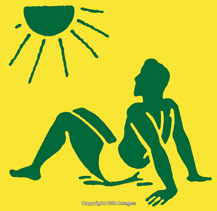 Minimalist Illustration of a Person Sunbathing in Vibrant Green and Yellow