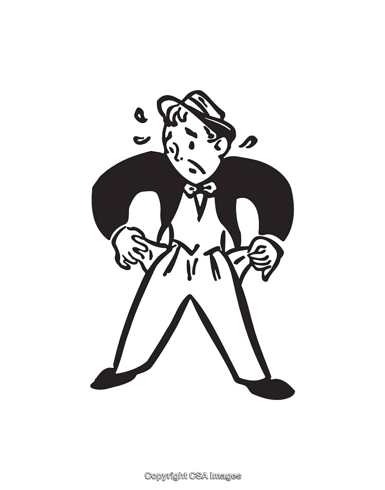 Vintage Line Art of a Man Showing Empty Pockets in Stress