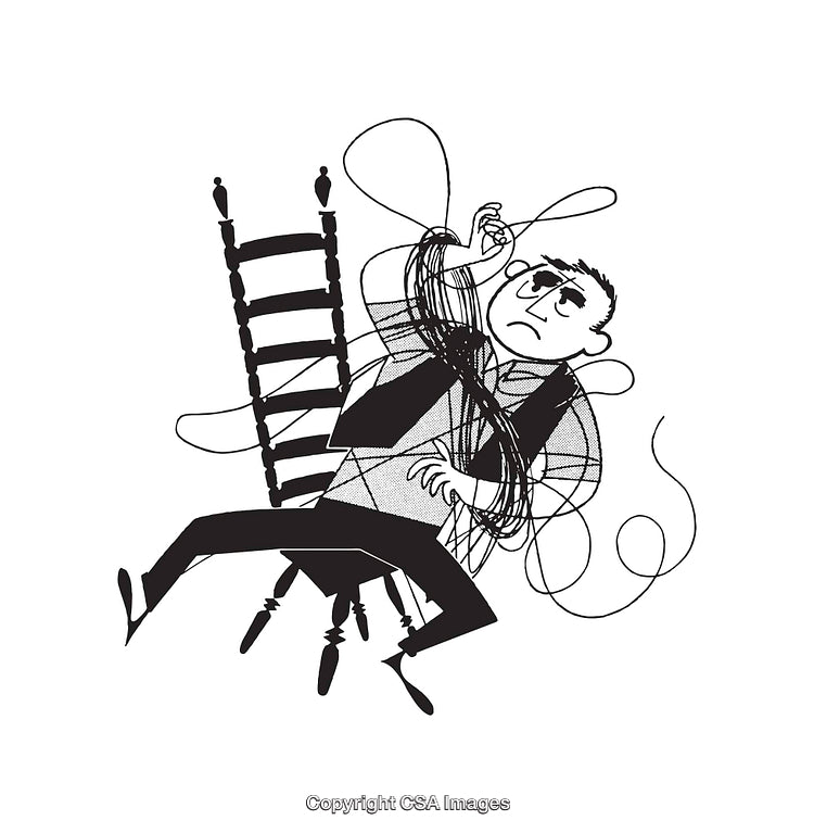 Monochromatic Line Art Depicting a Man Entangled in Chair Strings
