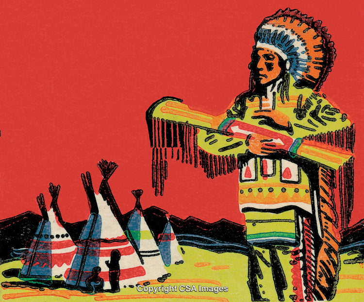 Illustration of Traditional Chief with Tipis in Scenic Background