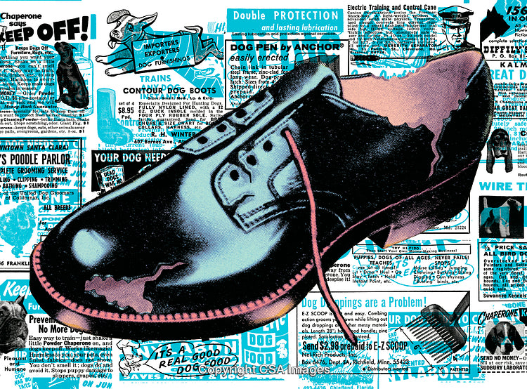 Retro Pop Art Collage Featuring Vintage Shoe and Advertising Graphics