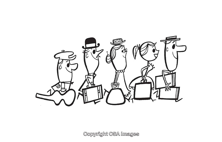 Cartoon Group of Characters Carrying Luggage in Black and White Line Art
