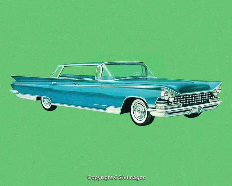 Classic Blue Retro Car on Vibrant Green Background in Vintage Style