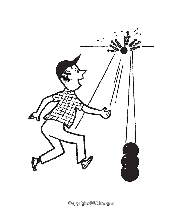 Black and White Line Art of a Surprised Character Near Abstract Structure