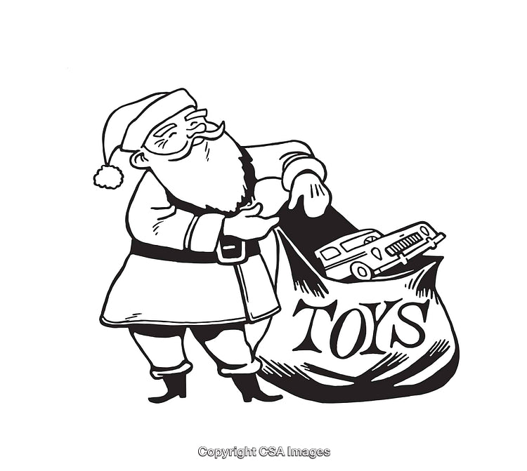 Santa Claus with a Sack of Toys in Black and White Illustration