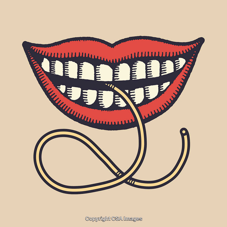 Stylized Line Art of Smiling Red Lips with Creative Design