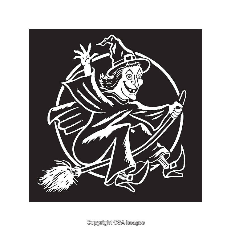 Whimsical Witch Flying on Broomstick Halloween Illustration in Black and White