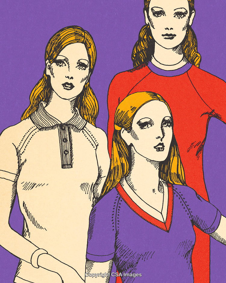 Illustration of Three Stylishly Dressed Women in Retro Artistic Style