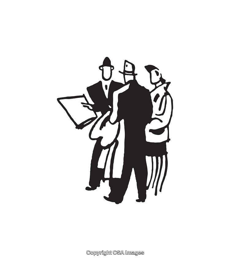 Black and White Illustration of People in a Discussion Setting
