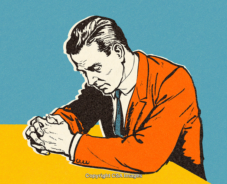 Retro Illustration of a Contemplative Man Sitting at a Desk