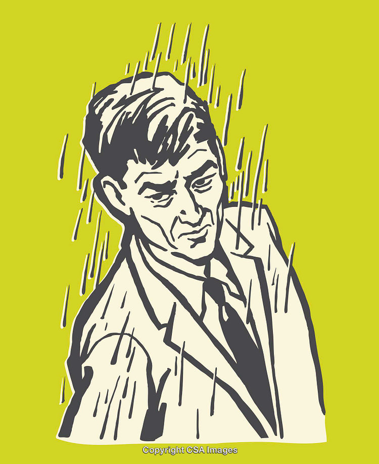 Stylized Illustration of a Man in Rain on Green Background