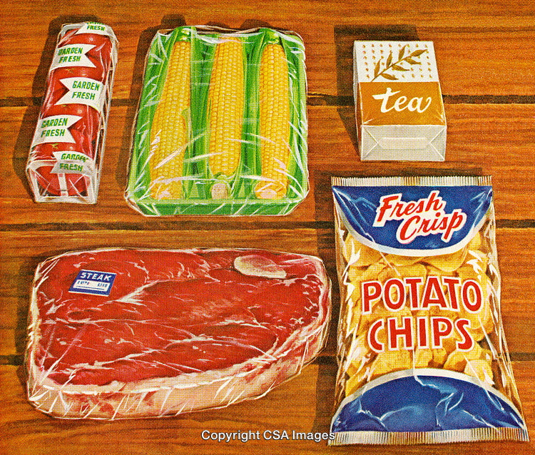 Assorted Groceries Including Vegetables, Meat, Snacks, and Beverages on Wooden Surface