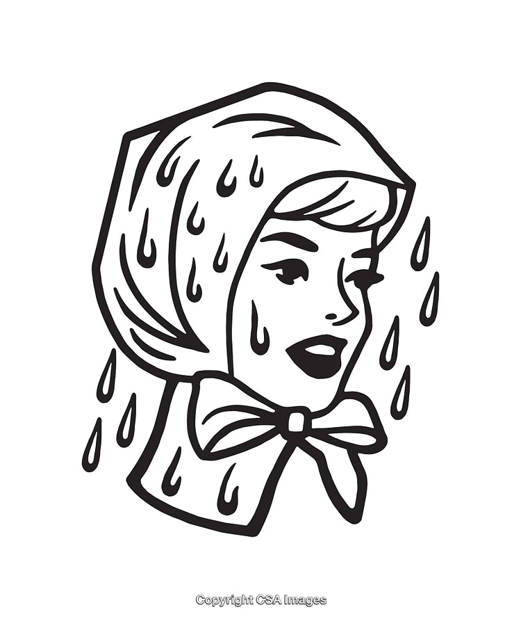 Retro Line Art Illustration of a Woman Under Rain