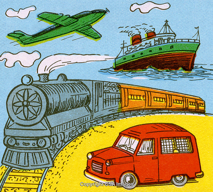 Colorful Illustration of Transportation Modes Featuring Train, Car, Ship, and Airplane