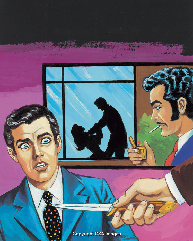 Dramatic Scene Depicting Suspense with Expressions and Knife in Spotlight