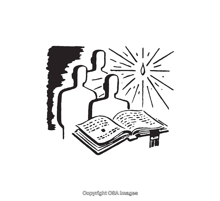 Black and White Line Art Featuring a Book and Silhouetted Figures