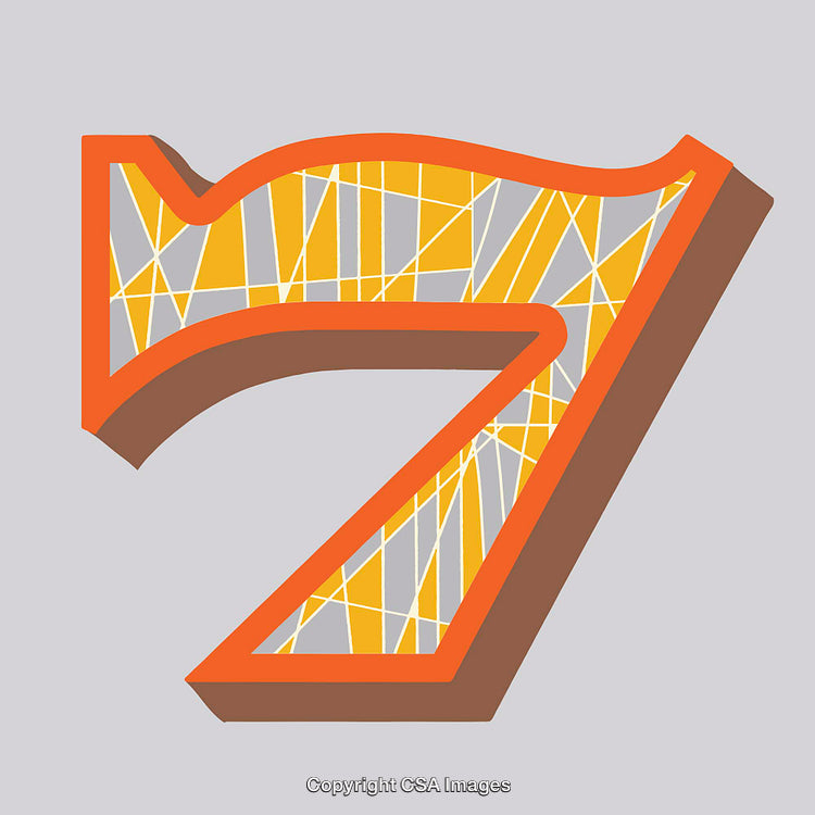 Geometrically Designed Number Seven with Vibrant Orange and Yellow Pattern