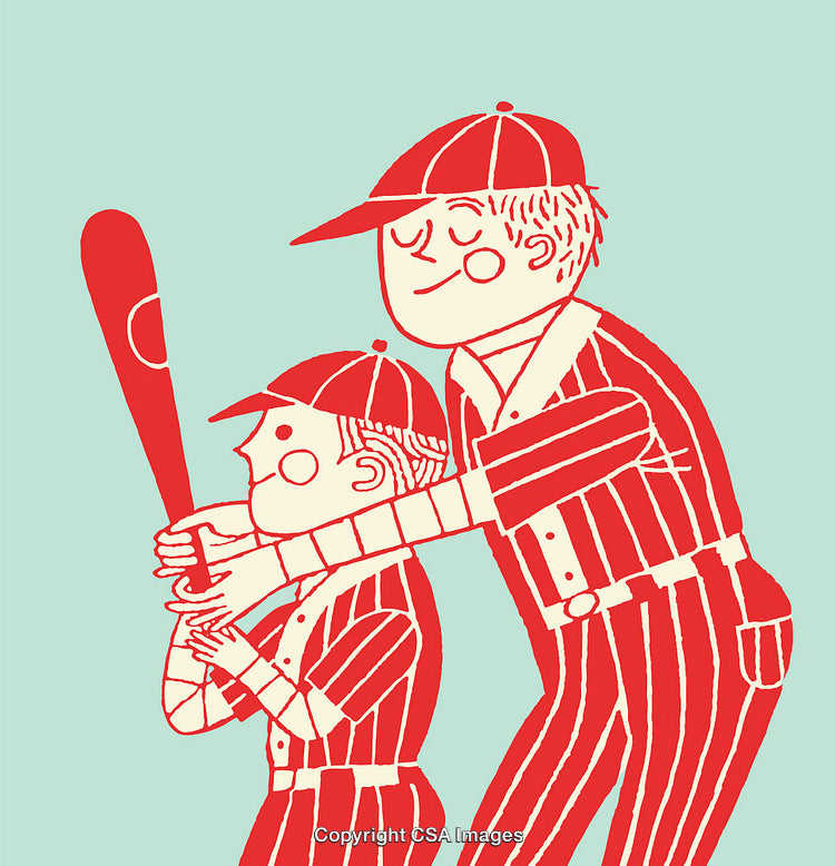 Retro Styled Pair Practicing Baseball with Coaching and Guidance