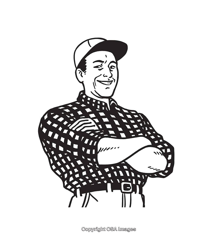 Vintage Farmer Illustration in Black and White Line Art Style