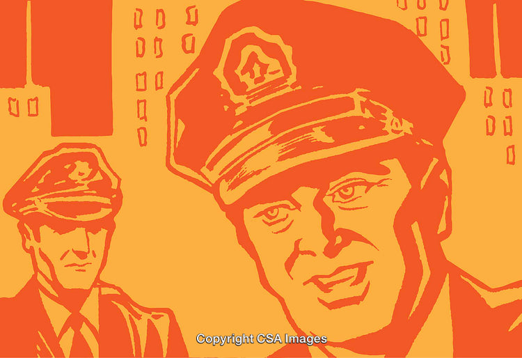 Retro Styled Illustration of Police Officers in Urban Setting in Orange Tones