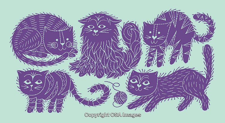 Whimsical Purple Cat Illustrations on Light Blue Background