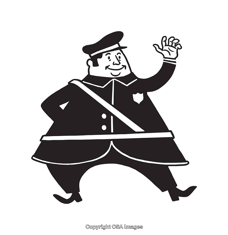 Vintage Black and White Illustration of a Smiling Police Officer