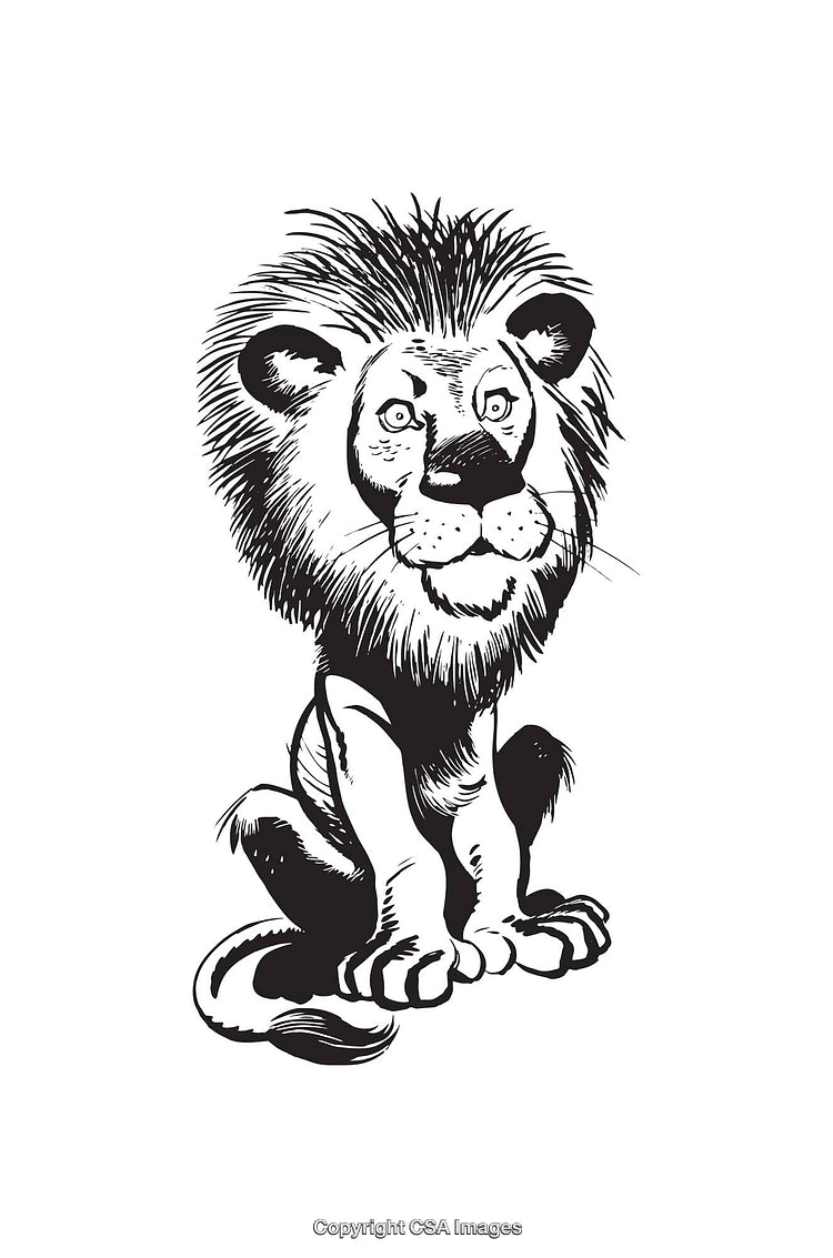 Black and White Line Art Illustration of a Sitting Lion