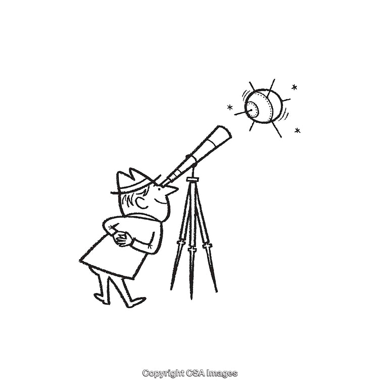 Cartoon Astronomer Observing Stars Through a Telescope in Black and White Line Art