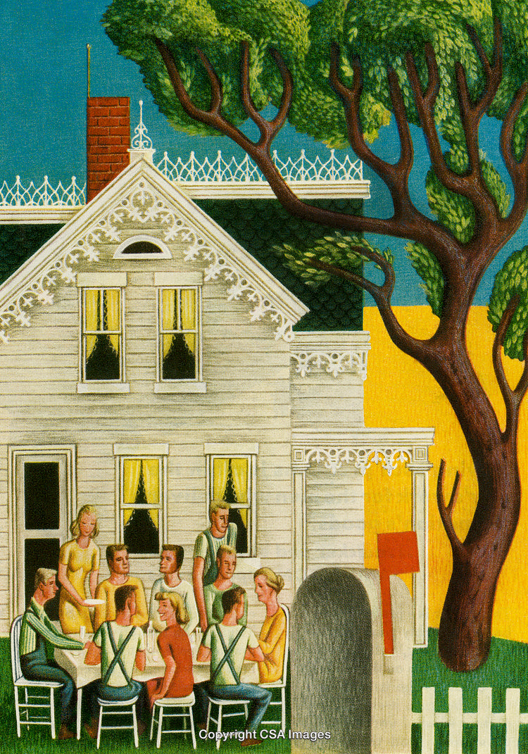 Family Gathering Outside a Countryside Home With a Large Tree