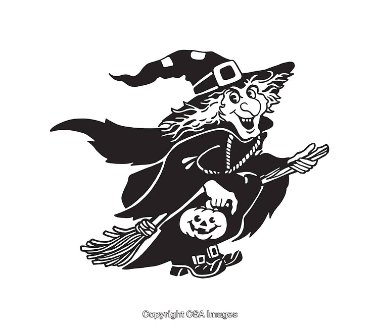 Halloween Witch on Broomstick Carrying Pumpkin Bag in Line Art Design