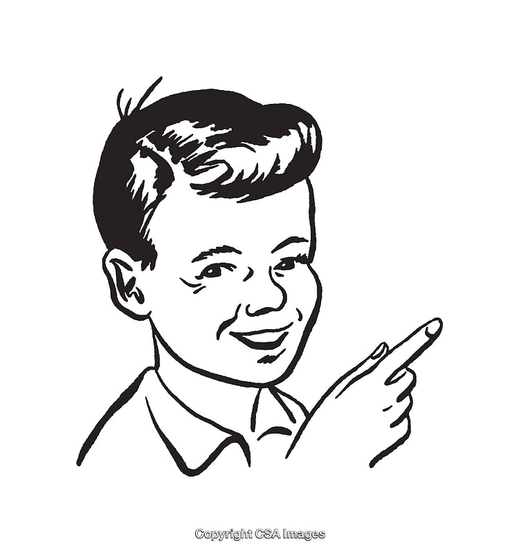 Vintage Black and White Line Drawing of a Happy Boy Pointing