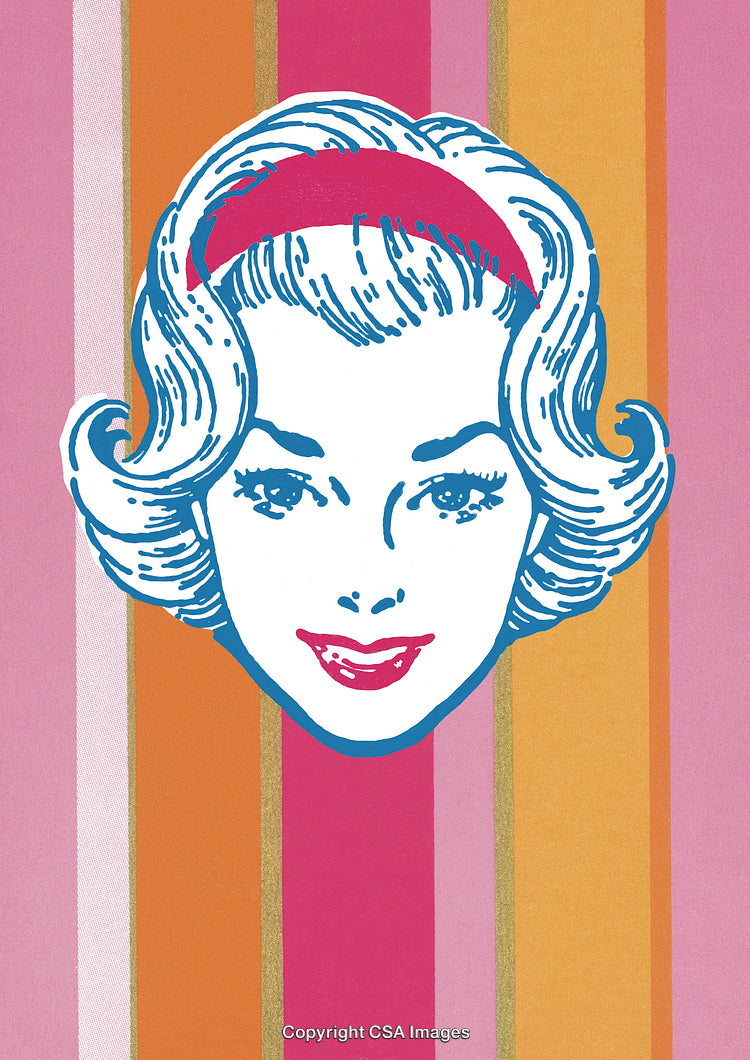 Retro Illustration of a Woman with Cheerful Expression and Bright Striped Background