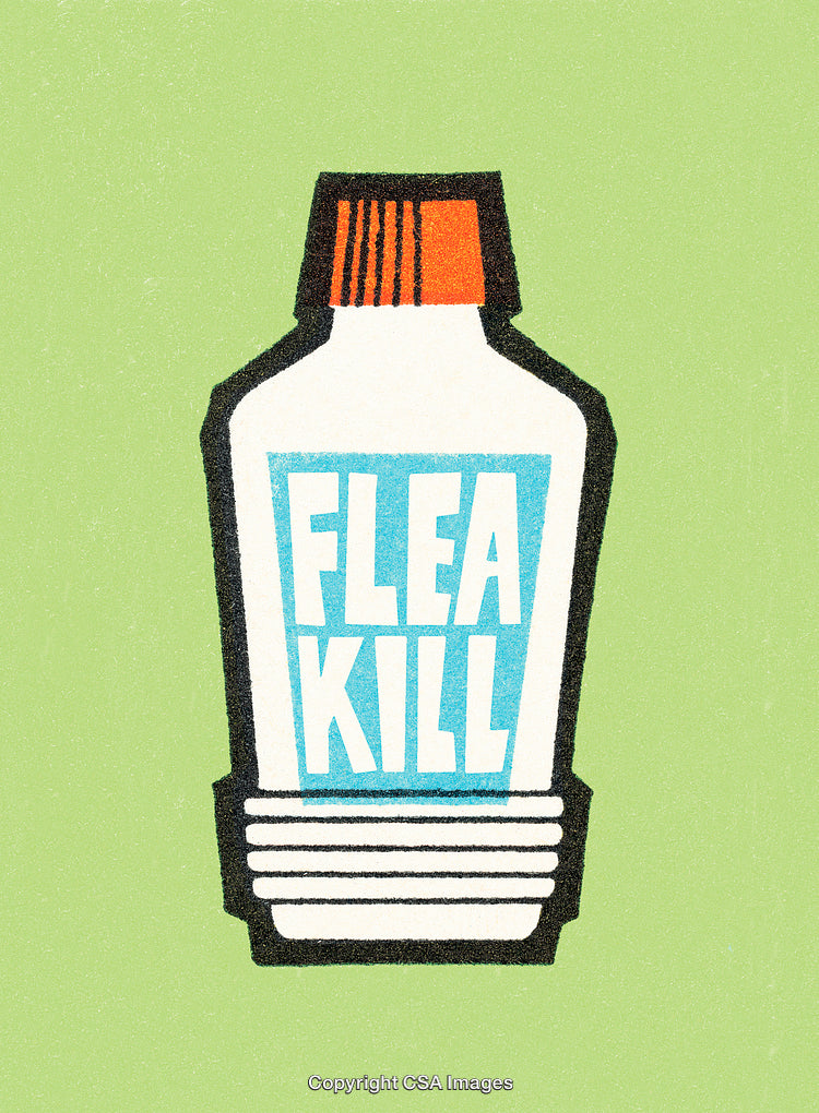 Retro Illustration of a Flea Treatment Bottle on a Green Background