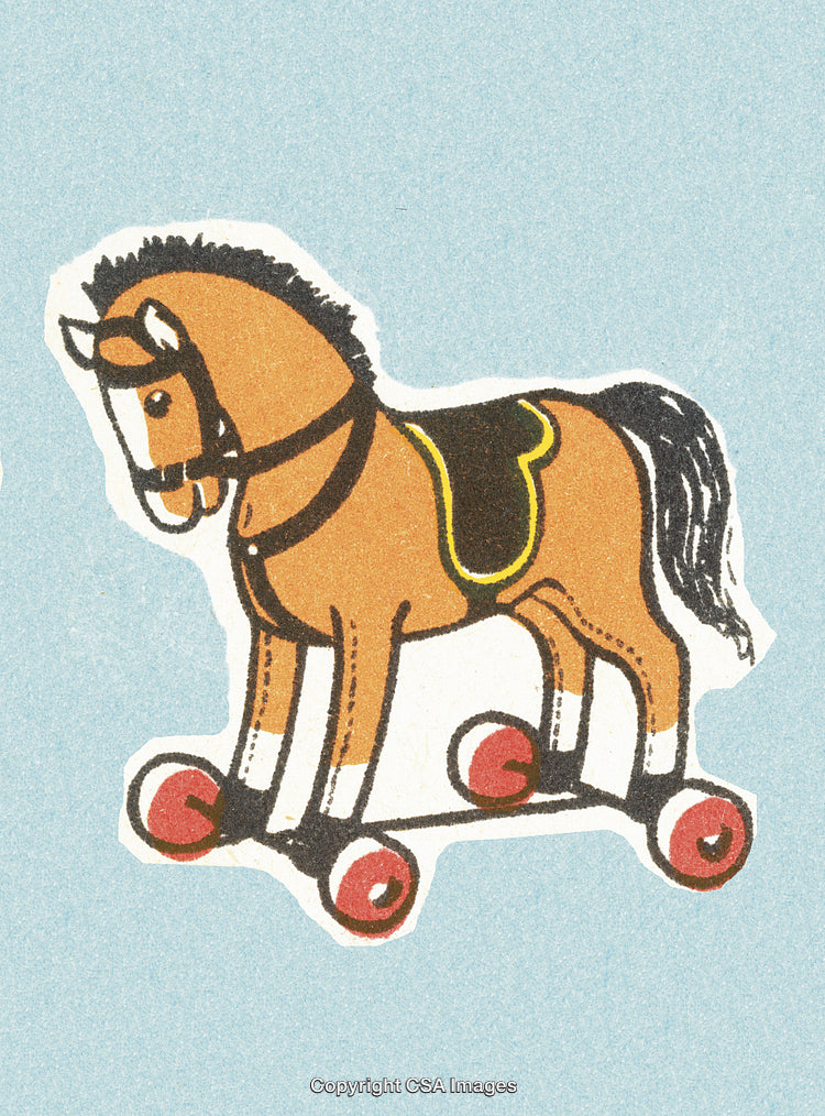 Vintage Illustration of Wooden Horse Toy on a Light Blue Background