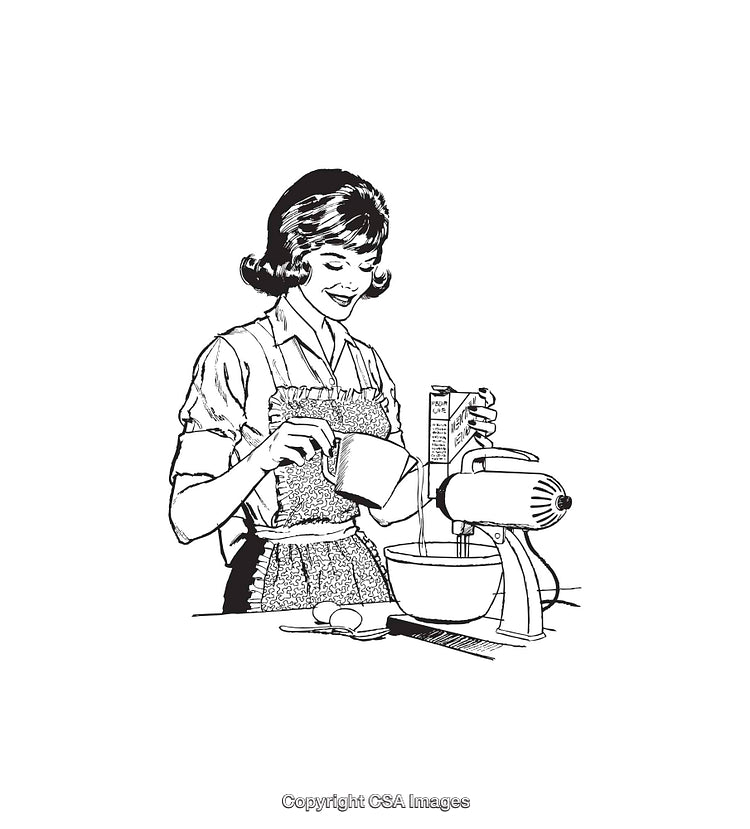 Retro Line Art Illustration of Woman Baking in Kitchen Scene