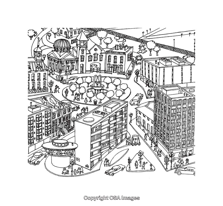 Detailed Black and White Line Art of an Urban Cityscape