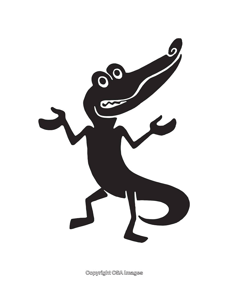 Black and White Illustration of Cartoon Alligator Character