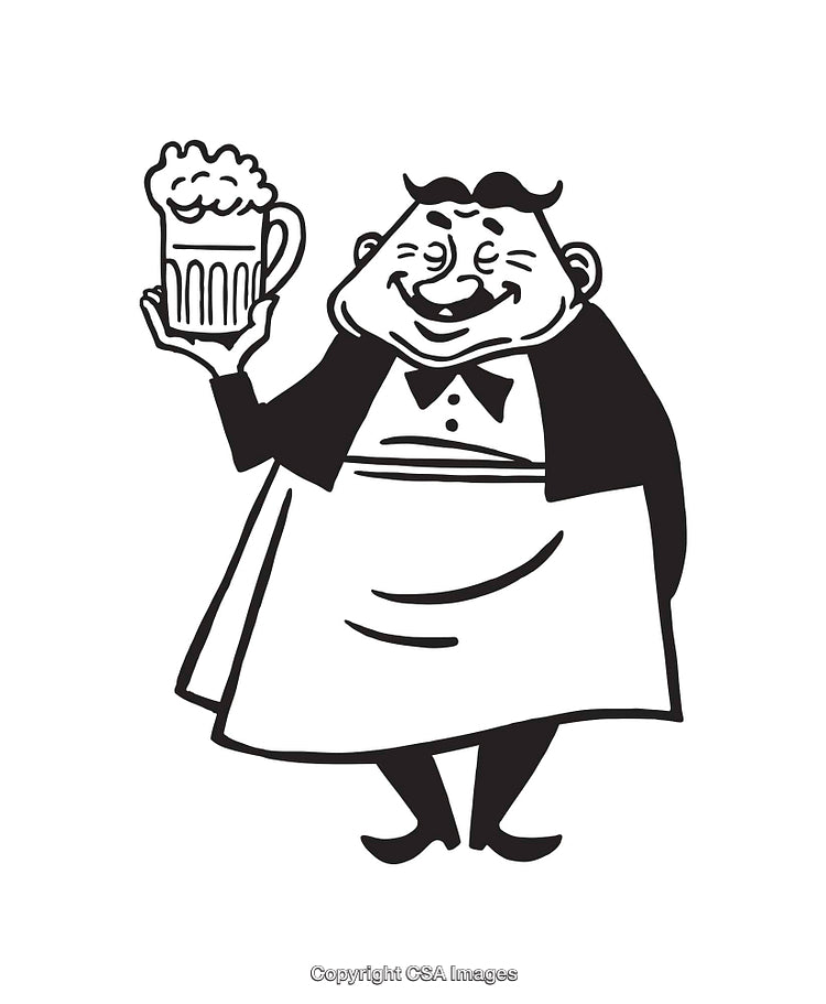 Cartoon Waiter Holding a Cheerful Beer Mug in Black and White Illustration