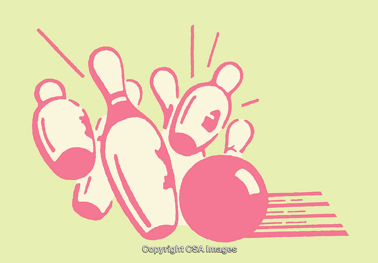 Colorful Illustration of Bowling Pins and Ball Illustrating Motion and Impact