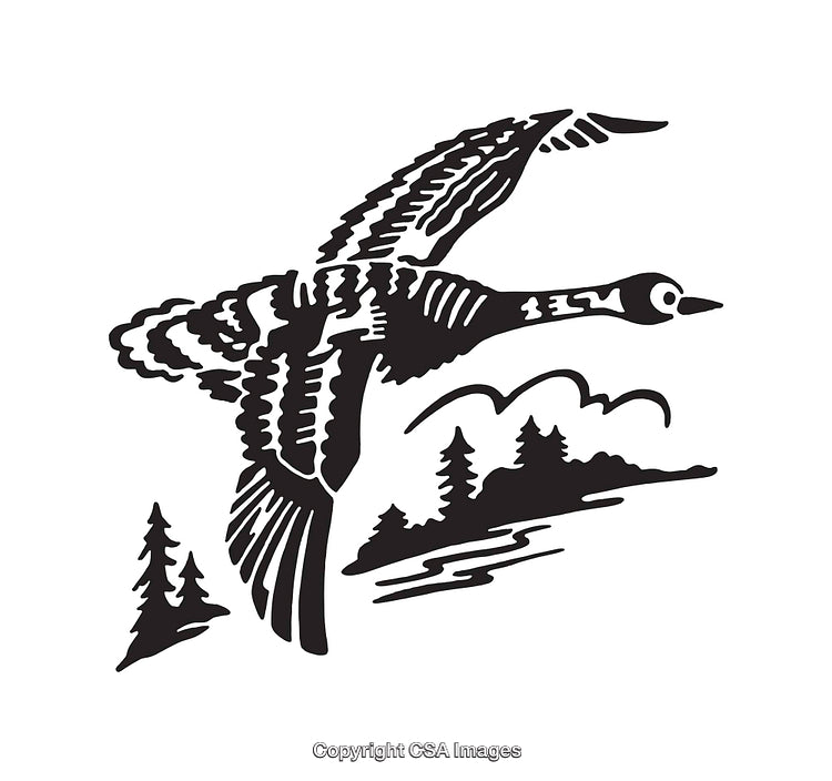 Black And White Line Art Of Flying Goose Over Scenic Landscape