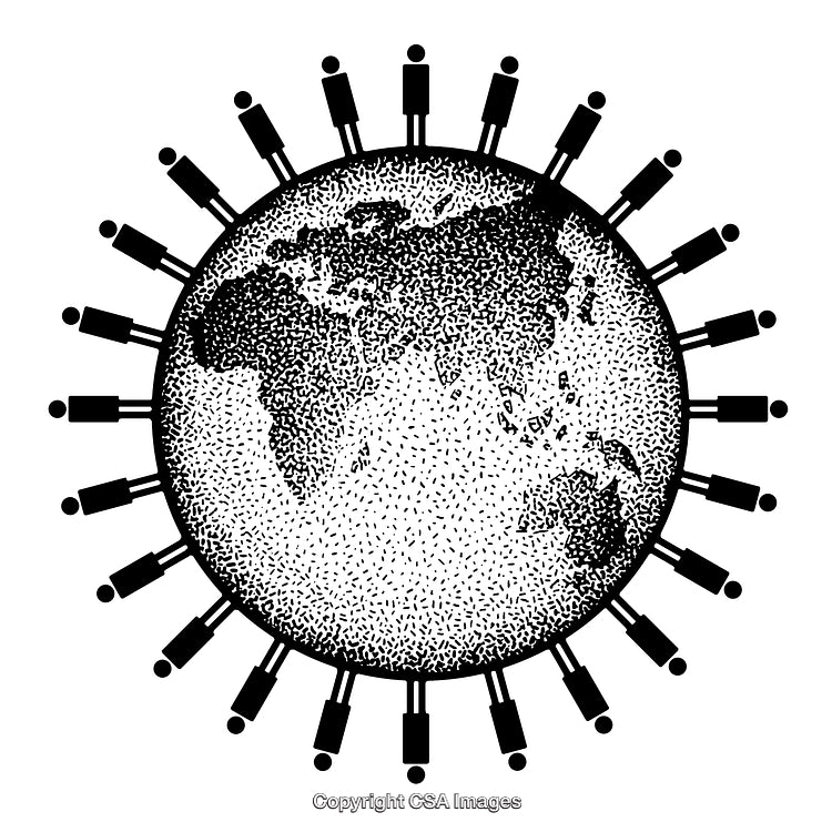 Engraved Black and White Earth with Human Figures Symbolizing Unity