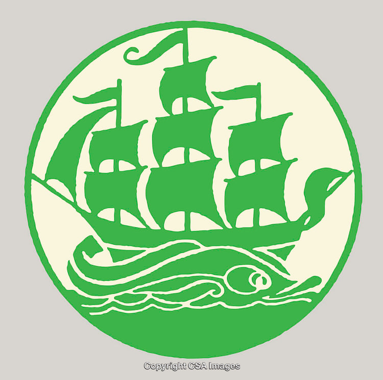 Green Illustration of Ship and Sea Creature in Stylized Maritime Design