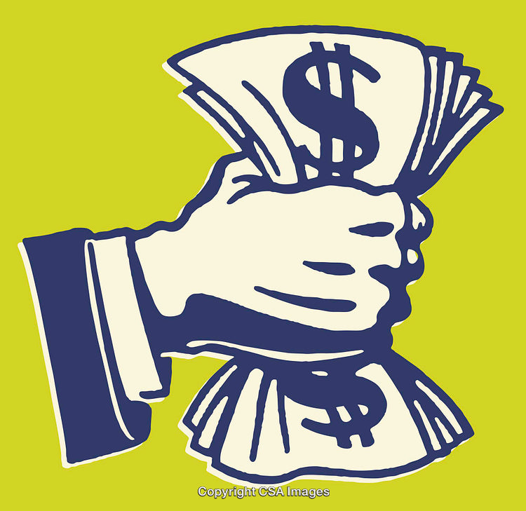 Illustration of Hand Squeezing a Stack of Money Over a Bright Background
