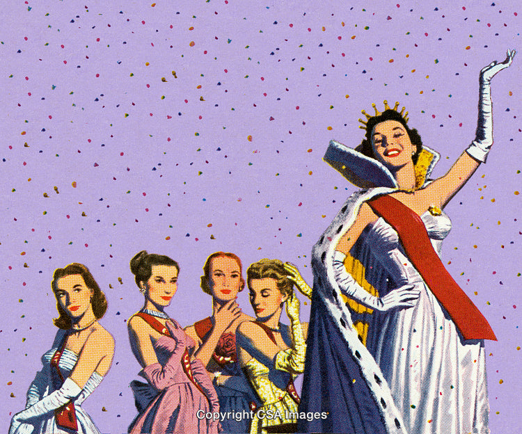 Elegant Vintage Illustration of Beauty Pageant Winners Celebrating Under Confetti